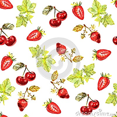 Seamless pattern with watercolour hand painted leaves, strawberries, cherries Stock Photo