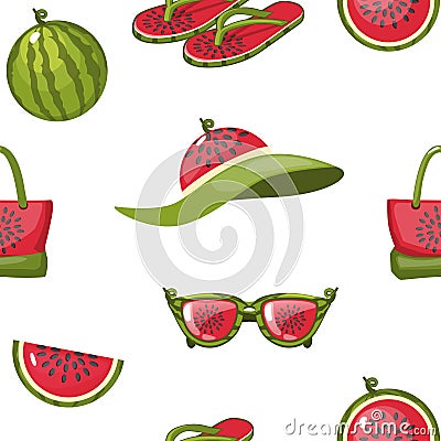 Seamless pattern watermelon objects. Watermelon, bag, sunglasses and flipflop icons Vector Illustration