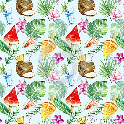 Seamless pattern of a watermelon,orange ice cream and coconut, plumeria, monstera flower. Cartoon Illustration