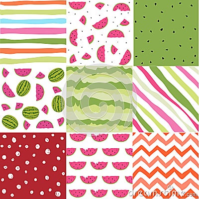 Seamless pattern with watermelon set, scrapbooking, summer digital paper watermelon set Vector Illustration