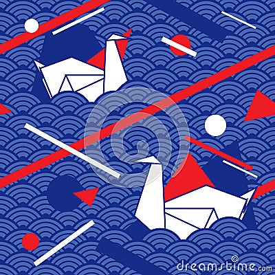 Seamless pattern with wave, lines and origami swan. Fabric print. Nautical background. Modern traditional japanese style. Vector Illustration