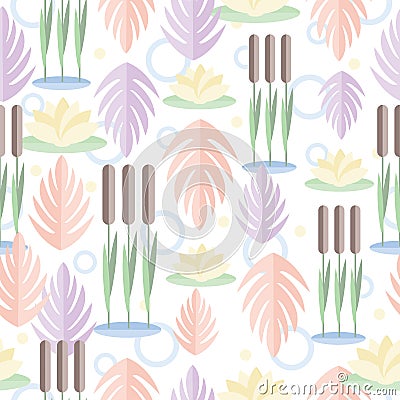 Seamless pattern with wetland plants. Reed, water lily and leaves in flat design. On white background Vector Illustration