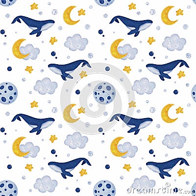 Seamless pattern whale flying among clouds, moon and stars on white for textile, wrapping Cartoon Illustration