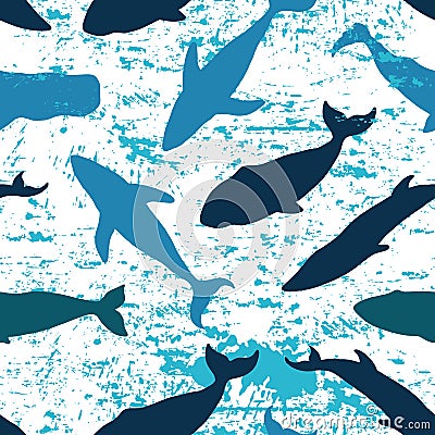 Seamless pattern with whales. Ink. Hand drawn. Hands painted in ink abstract texture. Vector Illustration