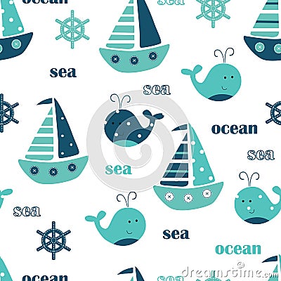 Seamless pattern with whales, sailing ships and lettering Vector Illustration