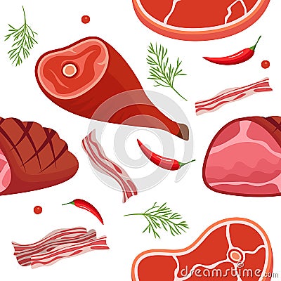 Seamless pattern on white background with gammon, ham, bacon, steak on the bone, hot pepper and dill. Meat products Vector Illustration