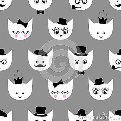 Seamless pattern with white cats with fashion glasses, mustache, bow-tie, hat, tobacco pipe, eyes, lashes, lips, crown on grey bac Vector Illustration