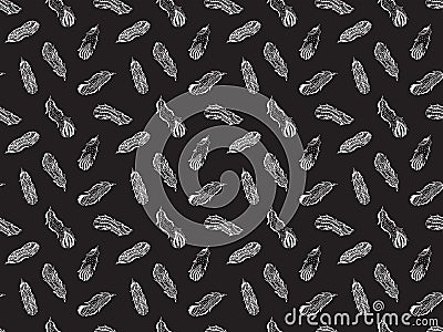 Seamless pattern of white contour bird feathers drawn by hand in the style of zentangle on a black background. Texture for textile Vector Illustration