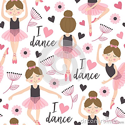 Seamless pattern white with cute ballerina girl Vector Illustration