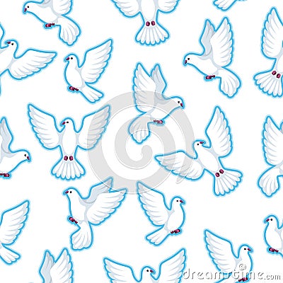 Seamless pattern with white doves. Beautiful pigeons faith and love symbol Vector Illustration