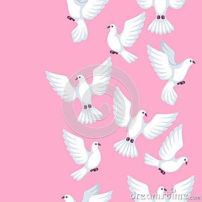 Seamless pattern with white doves. Beautiful pigeons faith and love symbol Vector Illustration