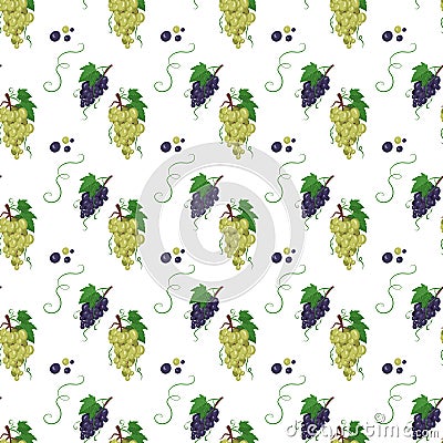 Seamless pattern with white grapes on branches with berries and leaves Vector Illustration