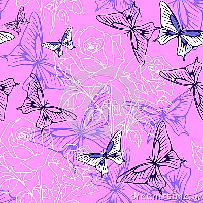 seamless pattern of white graphic roses and purple butterflies on a pink background Vector Illustration