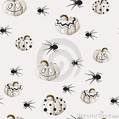 Seamless pattern with white Halloween pumpkins carved faces and spider on light background. Cartoon Illustration