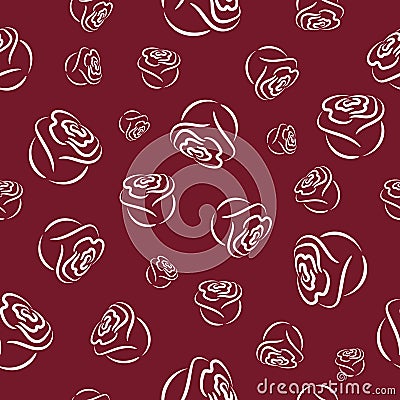 Seamless pattern with white hand drawn rose silhouettes on a dark red background Vector Illustration