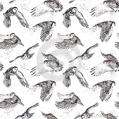 Seamless pattern with white owl . Polar nature watercolor illustration. North wildlife. Cartoon Illustration