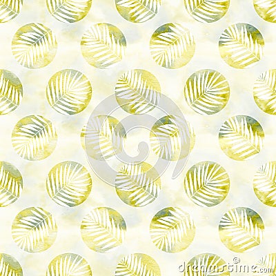 Seamless pattern with white palm leaves silhouettes, circles and watercolor background Stock Photo