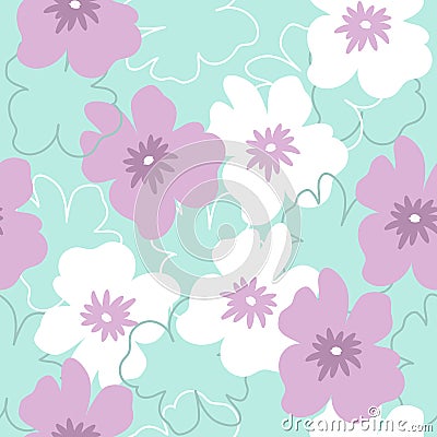 Seamless pattern with white and purple flowers on a turquoise background Vector Illustration