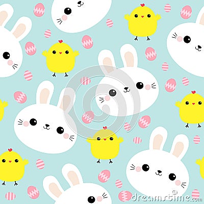 Seamless Pattern. White rabbit bunny face. Chicken, Easter egg. Cute cartoon kawaii funny smiling baby character. Wrapping paper, Vector Illustration