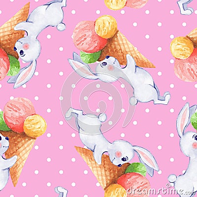 Seamless pattern with white rabbits 5 Cartoon Illustration