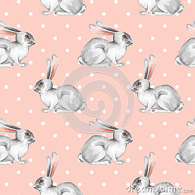 Seamless pattern with white rabbits 5 Cartoon Illustration