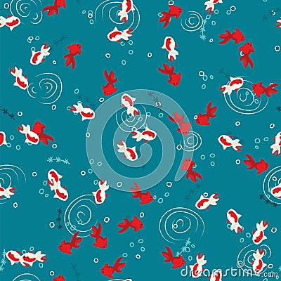 Seamless pattern White and red koi carp swimming in blue pond water top view. Goldfish swimming in lake water pattern Vector Illustration
