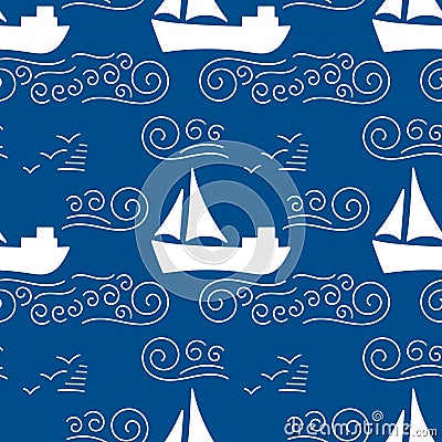 Seamless pattern with white silhouette Sailing yacht in the sea, waves and clouds. Line doodle sketch. Hand drawn Vector Vector Illustration