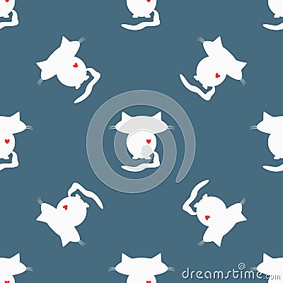 Seamless pattern. White silhouettes of cats with big heads and red hearts. Vector Illustration