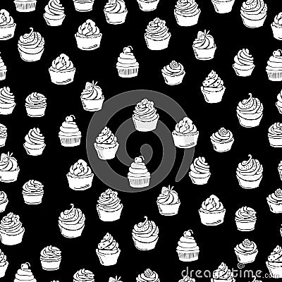 Seamless pattern of white silhouettes of cupcakes with different cream and fruit decor on a black background, sweet pastries for Vector Illustration