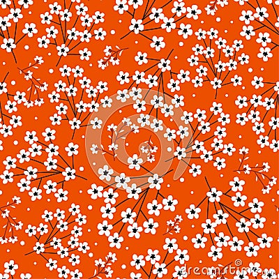 Seamless pattern with white small flowers on a rich red background. Asian floral print. Blooming branches. Vector Illustration