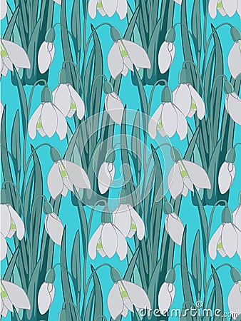 Seamless pattern of white snowdrops with green cold leaves vector illustration Vector Illustration