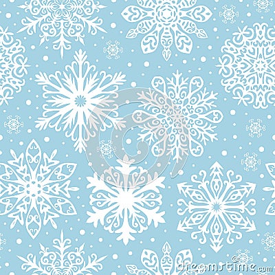 Seamless pattern with white snowflakes on blue background. Winter background for Christmas, Noel, New Year Vector Illustration