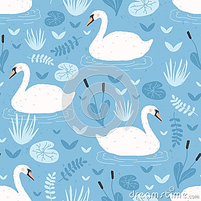 Seamless pattern with white swans floating in water pond or lake among plants. Backdrop with beautiful wild birds Vector Illustration