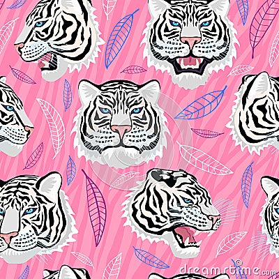 Seamless pattern. White tiger head roar wild cat in colorful jungle. Rainforest tropical leaves background. Fashion Vector Illustration