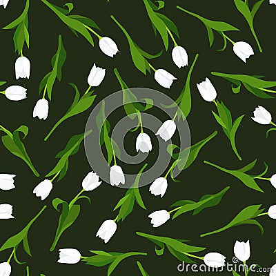 Seamless pattern of white tulips painted by hand on black background. In a chaotic manner. Vector Illustration