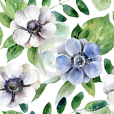 Seamless pattern with white and violet anemones Cartoon Illustration