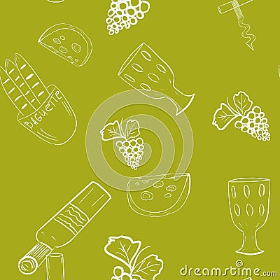 Seamless pattern with white wine bottle, glass, cheese, bread, grapes, corkscrew on mustard/yellow/golden background. Wine indust Stock Photo