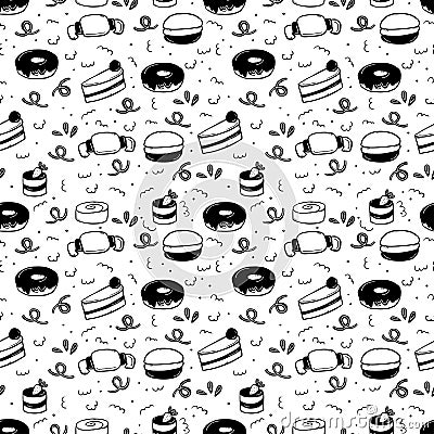 Seamless pattern on whitet with cake, croissant, macaroon, donut and cinnamon roll. Vector Illustration
