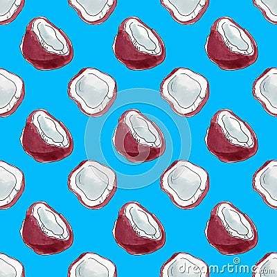 Seamless pattern. Whole fruits and halves of coconut Stock Photo
