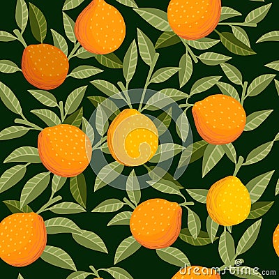 Seamless pattern of whole orange citrus with green leaves flat vector illustration on dark green background Cartoon Illustration