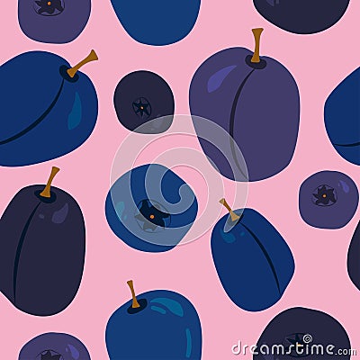 Seamless pattern with whortleberry and plums Vector Illustration