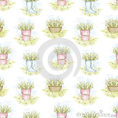 Watercolor seamless pattern with bouquet with lilies of the valley on wicker basket, bucket and rubber boot Cartoon Illustration