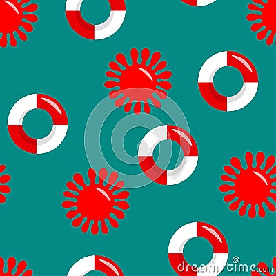 Seamless pattern wiht red and white lifebuoy and sun on blue background, summer symbol.Life Belt. Vector colorful flat Vector Illustration