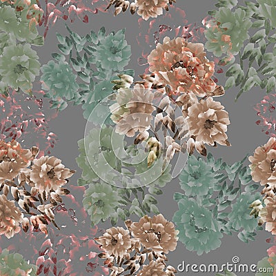 Seamless pattern of beige and green flowers of peonies on a deep gray background. Floral background. Watercolor Stock Photo