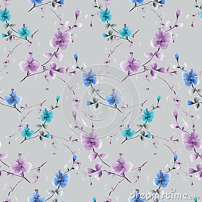 Seamless pattern wild blue and violet flowers on a deep gray background. Watercolor -4 Stock Photo