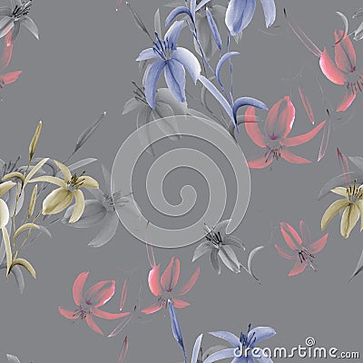 Seamless pattern of wild blue, yellow, pink flowers on a deep gray background. Watercolor Stock Photo