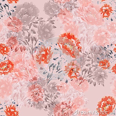 Seamless pattern of red, pink, beige flowers of peonies on a light pink background. Floral background. Watercolor Stock Photo