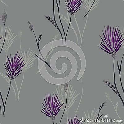 Seamless pattern of wild, small violet flowers and branches on a deep gray background. Watercolor Stock Photo