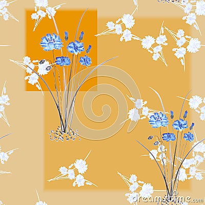 Seamless pattern of wild small white bouquets and blue flowers on a beige background with geometric orange shapes. Watercolor. Stock Photo