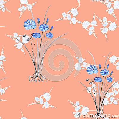 Seamless pattern of wild small white bouquets and two bushes blue flowers on a pink background. Watercolor. Stock Photo